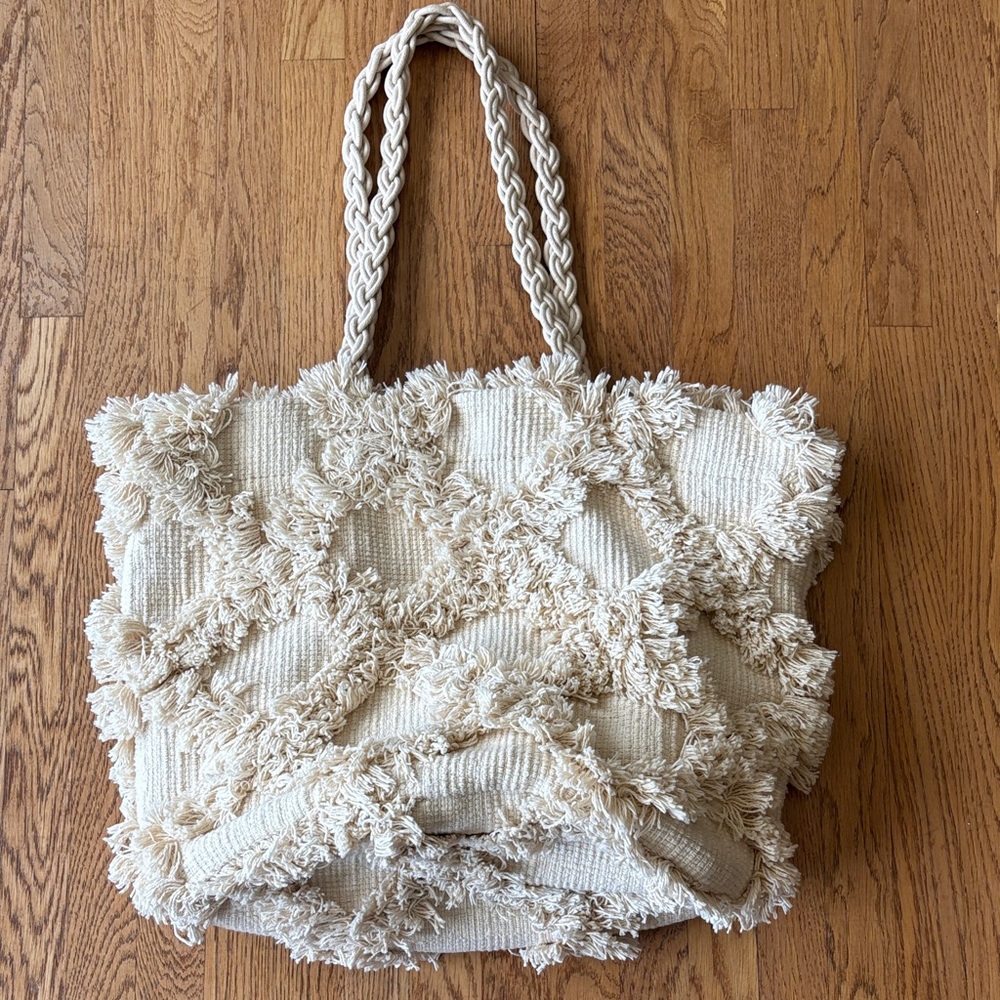 Anthropologie Cream Textured Tote Bag